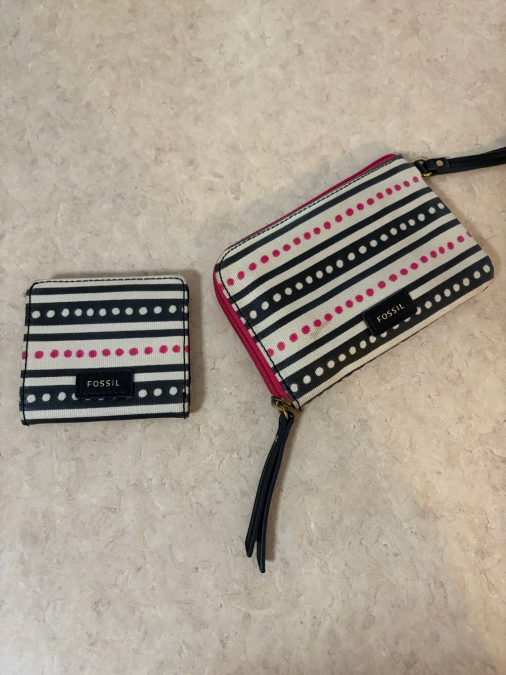Fossil Navy, White & Pink Striped Wallet and Coin Pouch Set